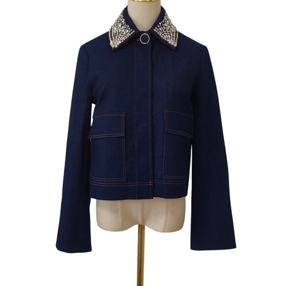 Veronica Beard Barrington Denim Blue Embellished-Collar Cropped Jacket US 4 - Picture 4 of 9
